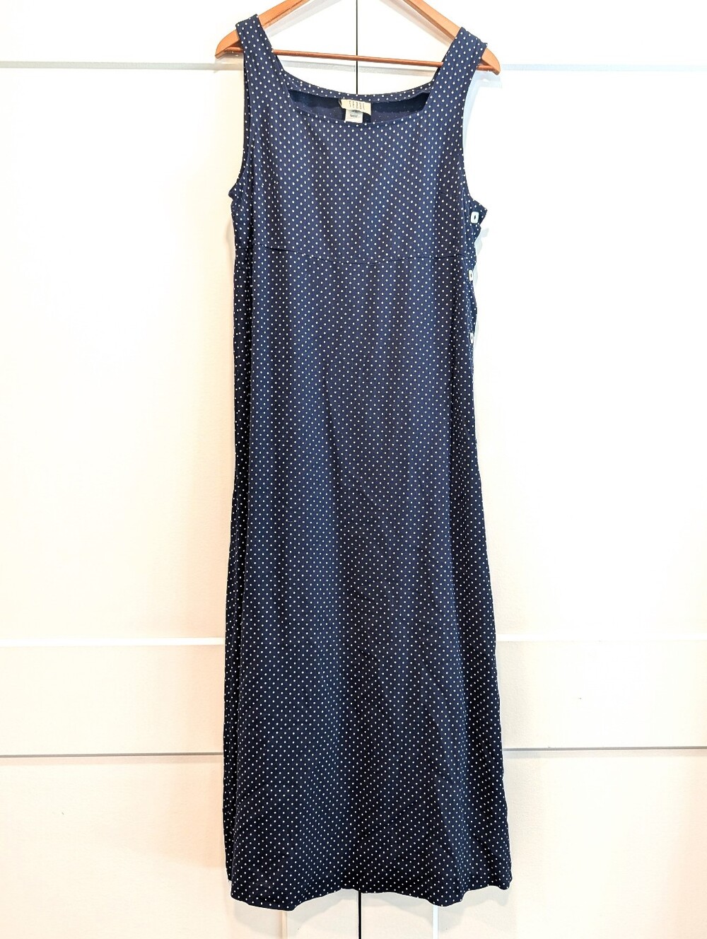 VINTAGE Teddi Navy Polka Dot Sleeveless Maxi Dress Buttom Side Opening Size Smal